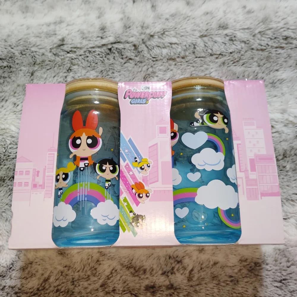 Powerpuff Girls Trio Flying Rainbows and Clouds Blue Glasses